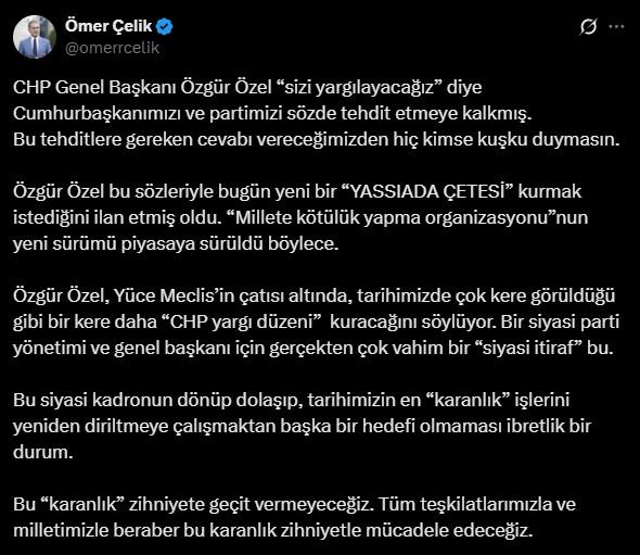 AK Parti Sözcüsü Ömer Çelik'ten Özgür Özel'in tehditlerine sert tepki: Bu “karanlık” zihniyete geçit vermeyeceğiz